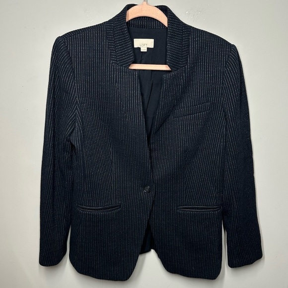 LOFT Navy Blue Pinstripe Single Button Collarless Blazer Suit Jacket - Picture 1 of 5